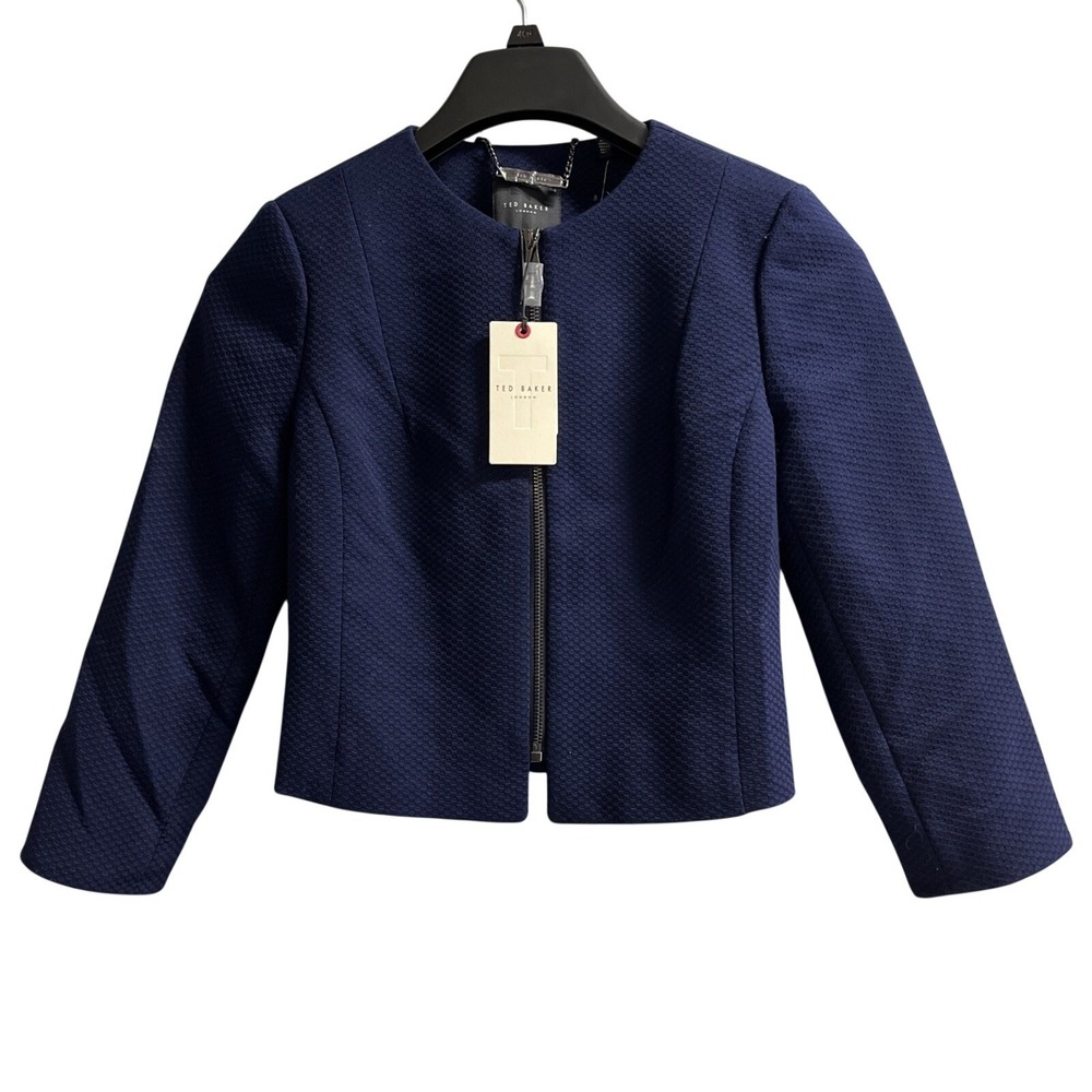 Ted Baker Blazer Navy Blue Cropped Textured Jacket Womens 0 Office Career Staple
